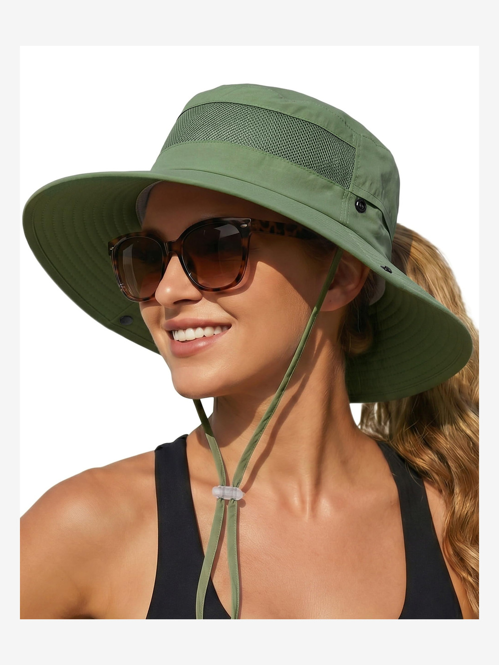 Women's Sun Hat Sun Protection Wide Brim Bucket with Ponytail | Green | Size OS